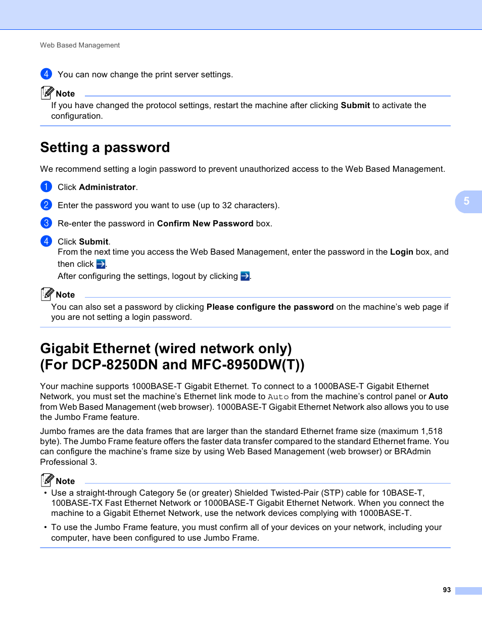 Setting a password, Gigabit ethernet (wired network only) (for | Brother MFC-8950DWT User Manual | Page 100 / 187