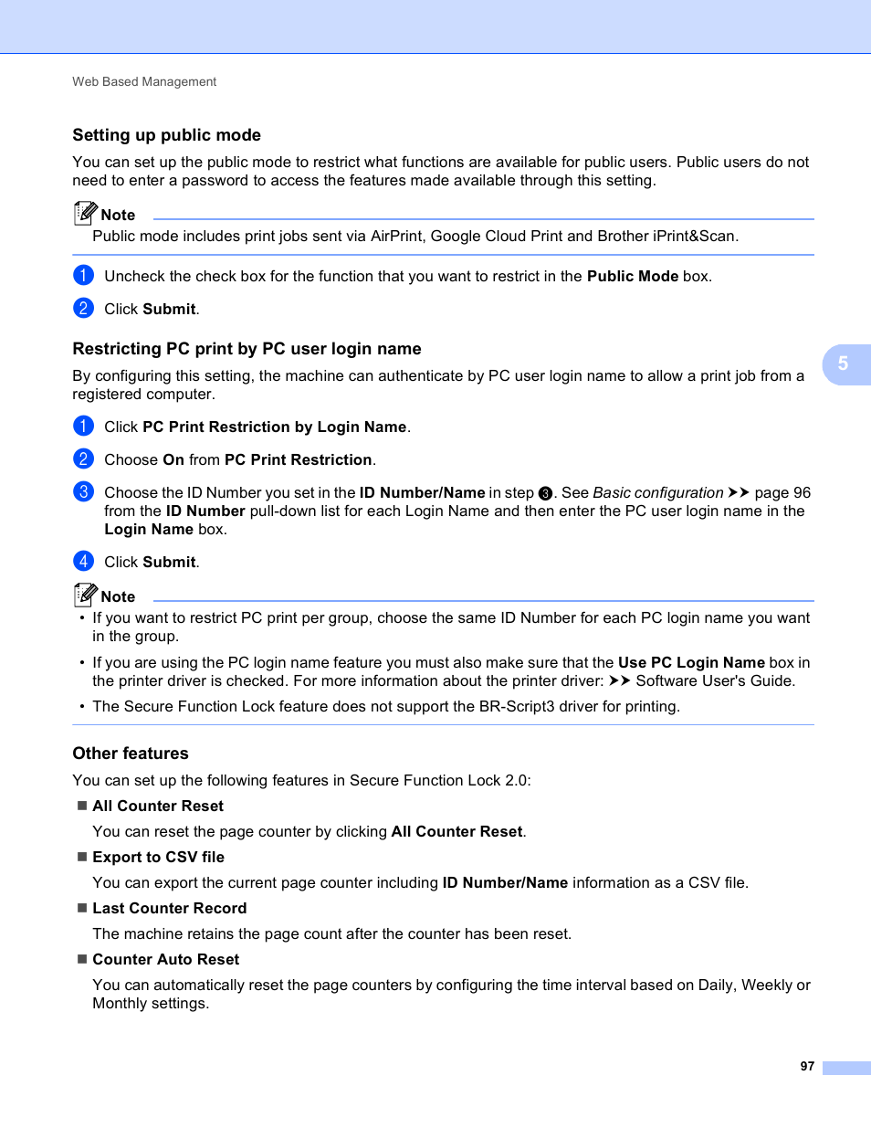 Setting up public mode, Restricting pc print by pc user login name, Other features | Brother MFC-8950DWT User Manual | Page 104 / 187