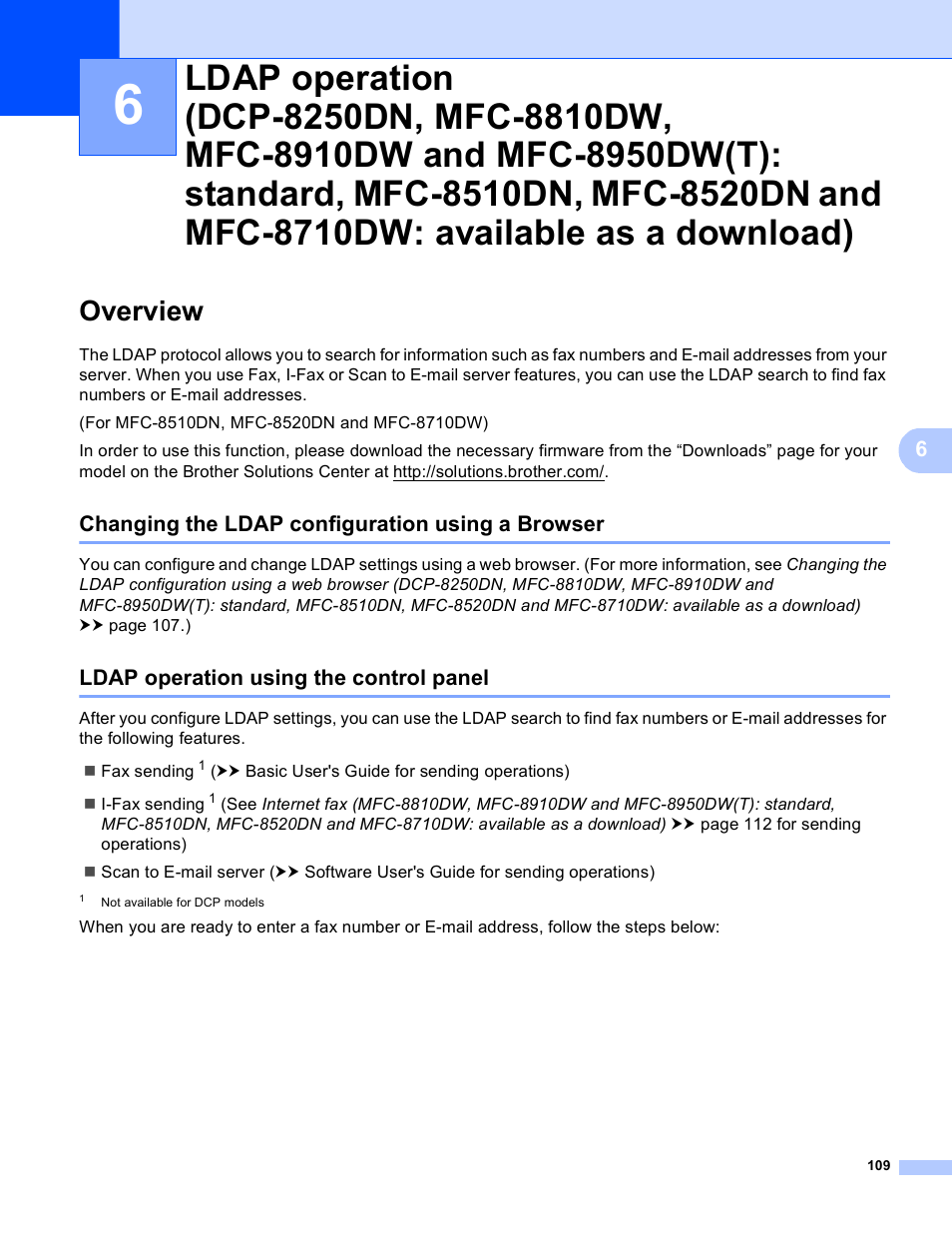 Overview, Changing the ldap configuration using a browser, Ldap operation using the control panel | Brother MFC-8950DWT User Manual | Page 116 / 187