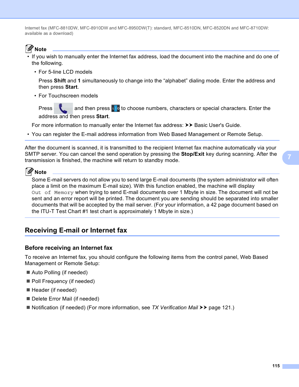 Receiving e-mail or internet fax, Before receiving an internet fax | Brother MFC-8950DWT User Manual | Page 122 / 187