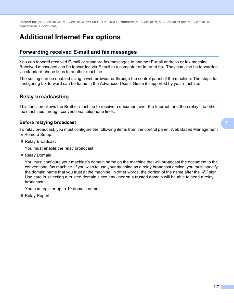 Additional internet fax options, Forwarding received e-mail and fax messages, Relay broadcasting | Before relaying broadcast | Brother MFC-8950DWT User Manual | Page 124 / 187