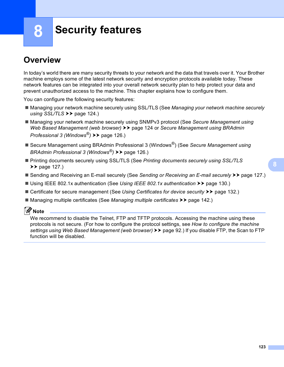 8 security features, Overview, Security features | Brother MFC-8950DWT User Manual | Page 130 / 187