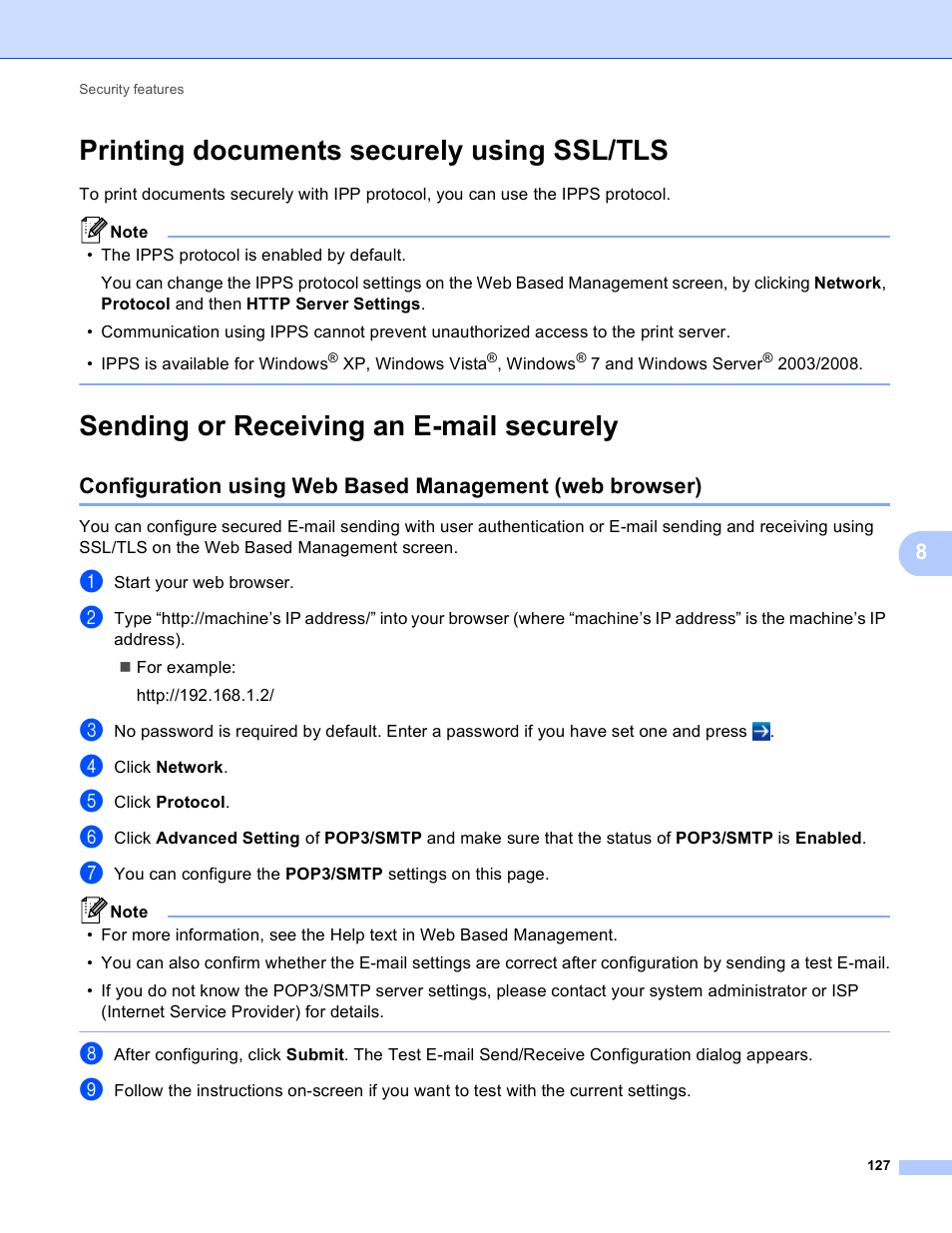 Printing documents securely using ssl/tls, Sending or receiving an e-mail securely, Printing documents securely using ssl/tls uu | Brother MFC-8950DWT User Manual | Page 134 / 187