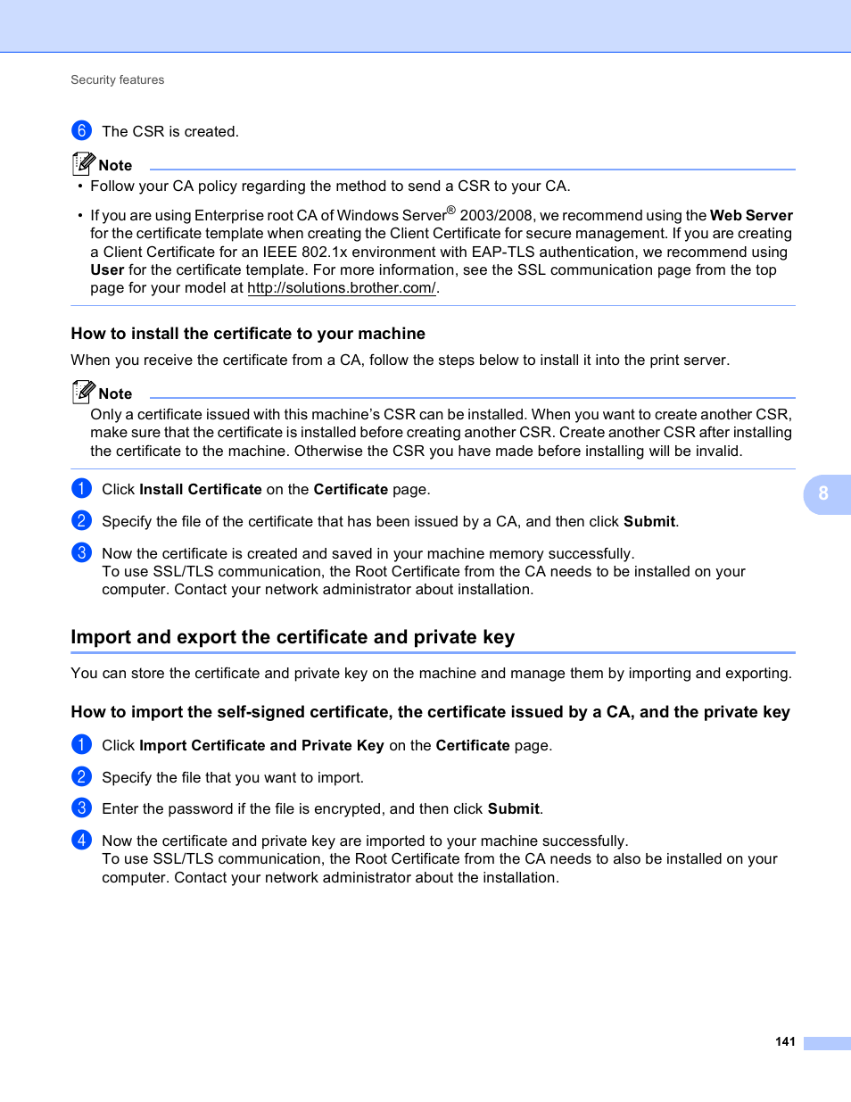 How to install the certificate to your machine, Import and export the certificate and private key | Brother MFC-8950DWT User Manual | Page 148 / 187