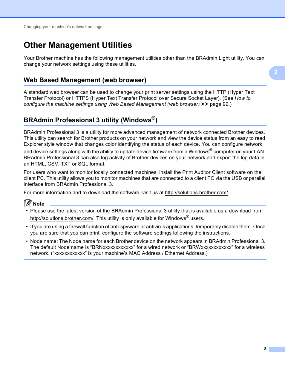 Other management utilities, Web based management (web browser), Bradmin professional 3 utility (windows®) | Bradmin professional 3 utility (windows | Brother MFC-8950DWT User Manual | Page 15 / 187