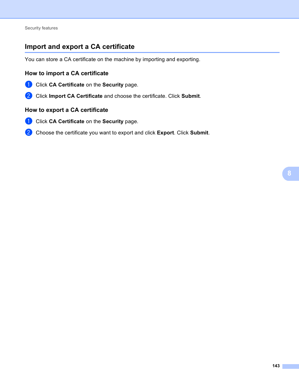 Import and export a ca certificate, How to import a ca certificate, How to export a ca certificate | Import and export a ca certificate uu, 8import and export a ca certificate | Brother MFC-8950DWT User Manual | Page 150 / 187