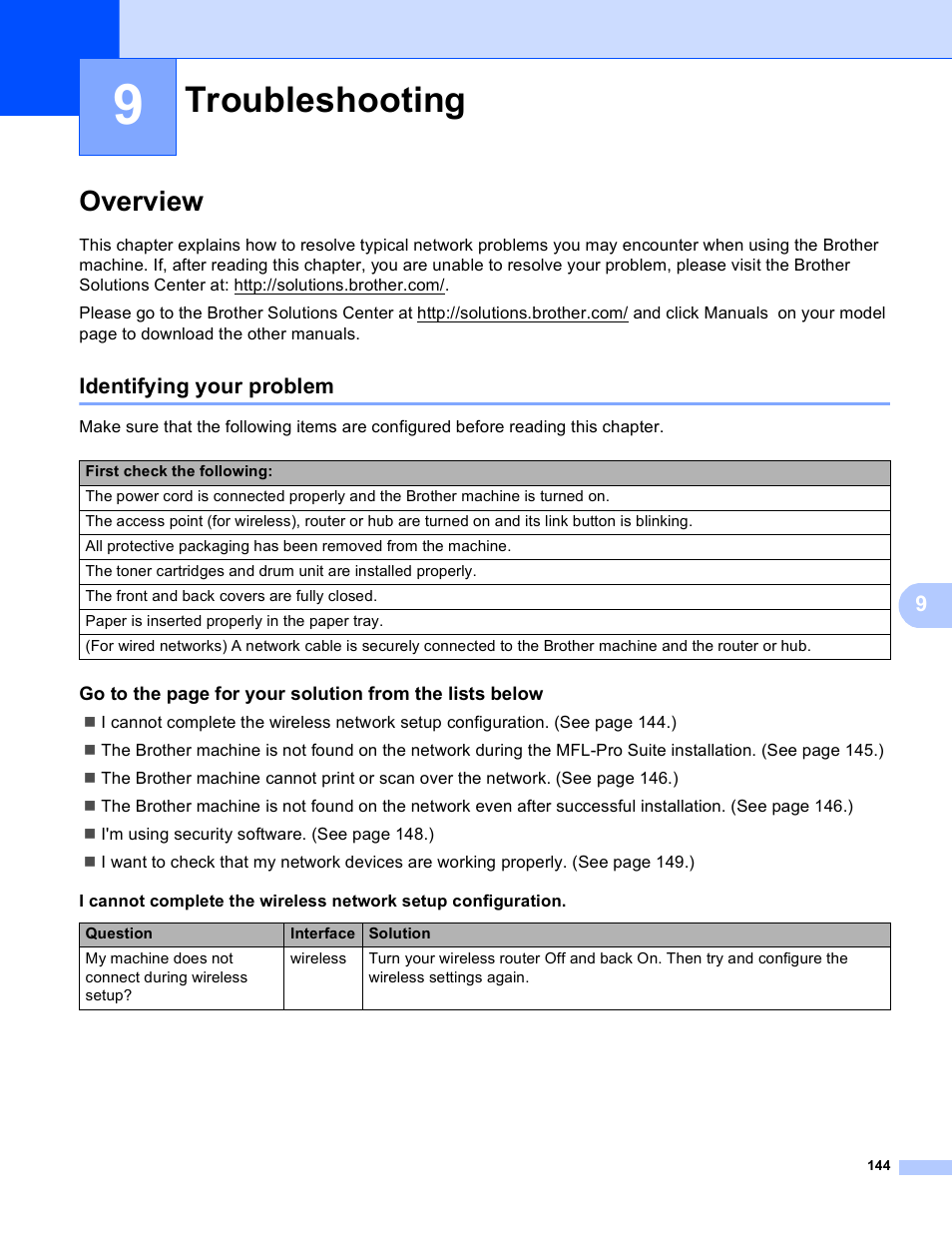 9 troubleshooting, Overview, Identifying your problem | Troubleshooting | Brother MFC-8950DWT User Manual | Page 151 / 187