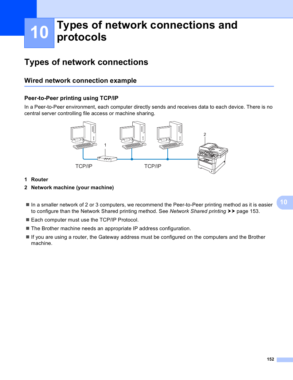 10 types of network connections and protocols, Types of network connections, Wired network connection example | Peer-to-peer printing using tcp/ip, Types of network connections and protocols | Brother MFC-8950DWT User Manual | Page 159 / 187