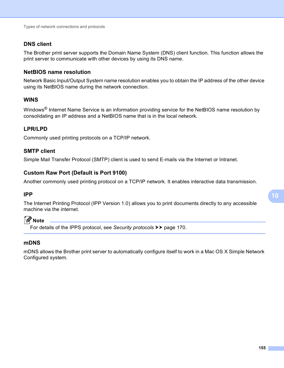 Dns client, Netbios name resolution, Wins | Lpr/lpd, Smtp client, Custom raw port (default is port 9100), Mdns, Windows | Brother MFC-8950DWT User Manual | Page 162 / 187