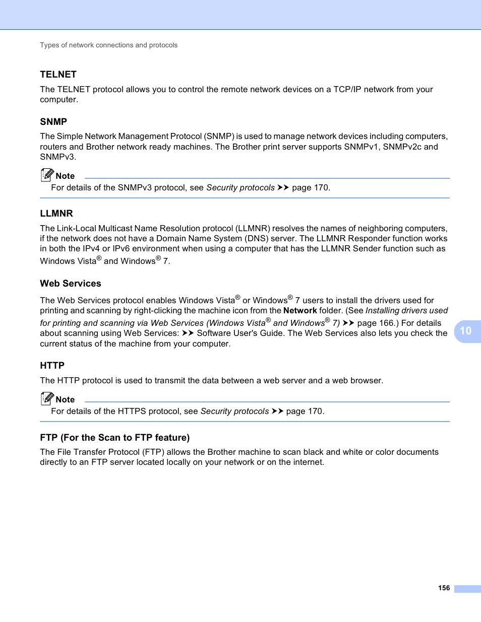 Telnet, Snmp, Llmnr | Web services, Http, Ftp (for the scan to ftp feature) | Brother MFC-8950DWT User Manual | Page 163 / 187