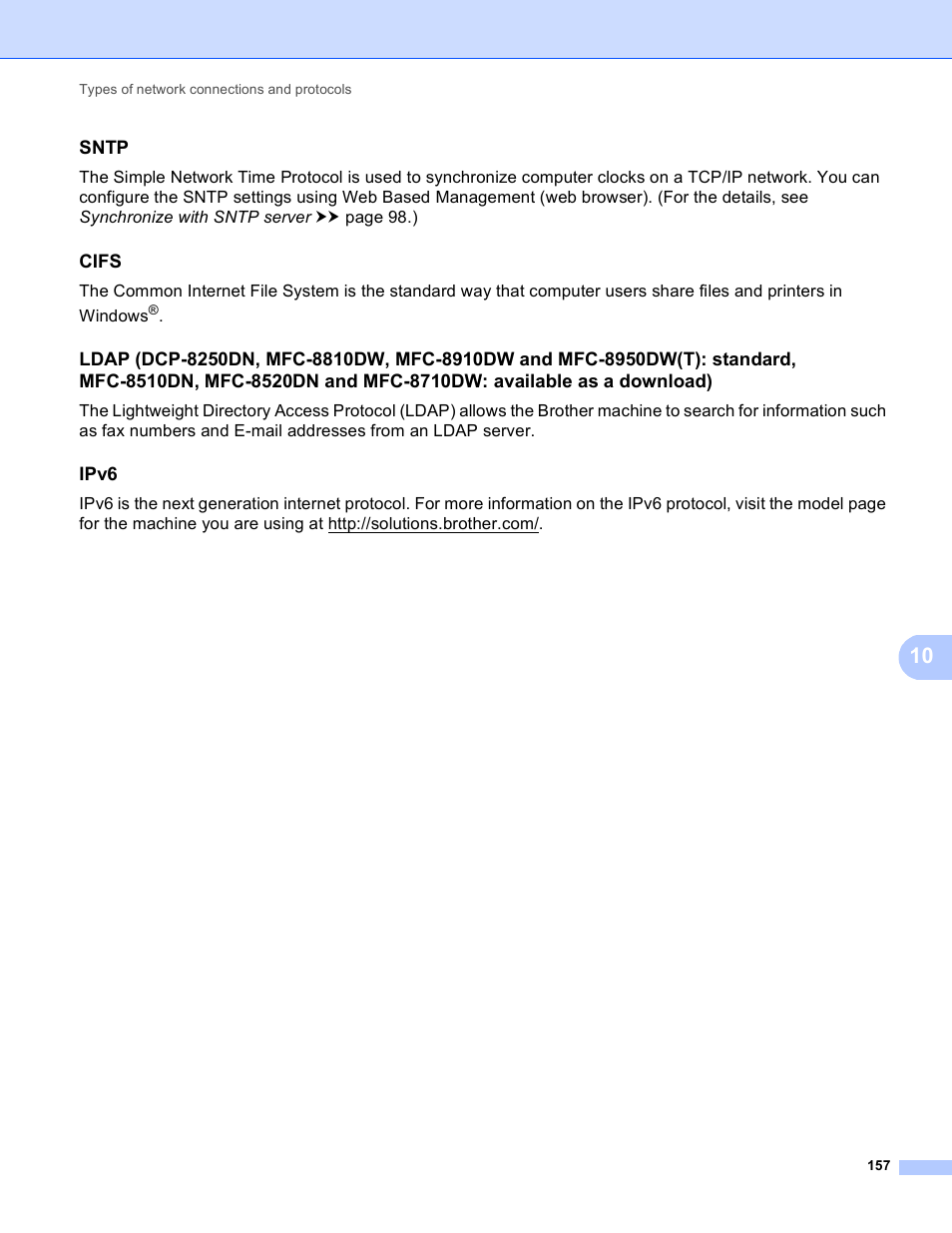 Sntp, Cifs, Ipv6 | Brother MFC-8950DWT User Manual | Page 164 / 187