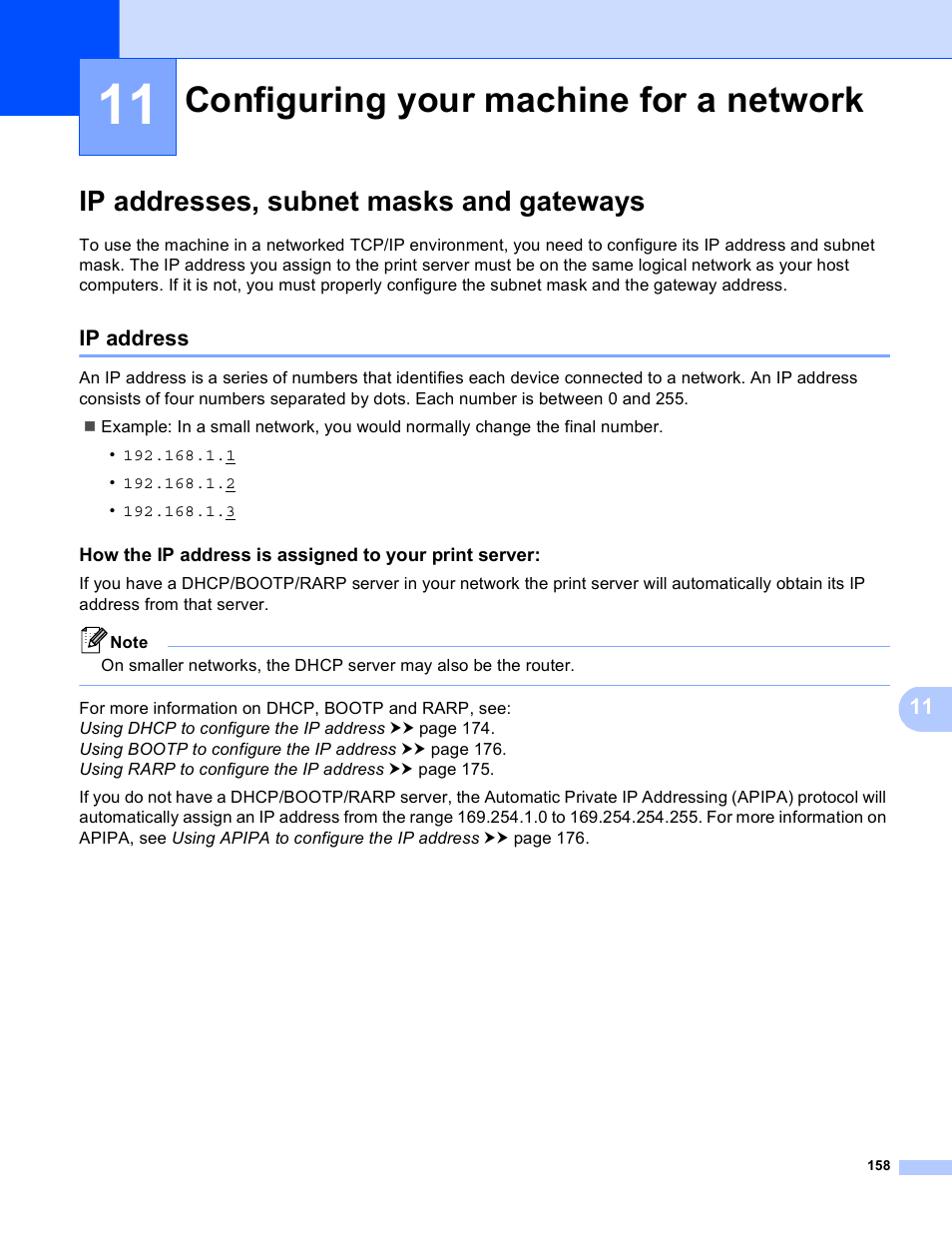 11 configuring your machine for a network, Ip addresses, subnet masks and gateways, Ip address | Configuring your machine for a network | Brother MFC-8950DWT User Manual | Page 165 / 187