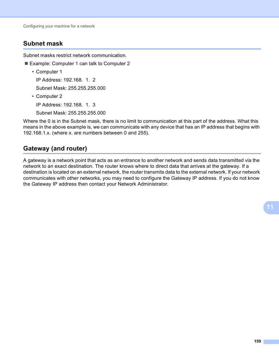 Subnet mask, Gateway (and router), Subnet mask gateway (and router) | 11 subnet mask | Brother MFC-8950DWT User Manual | Page 166 / 187