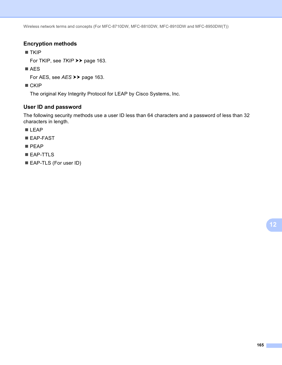 Encryption methods, User id and password | Brother MFC-8950DWT User Manual | Page 172 / 187