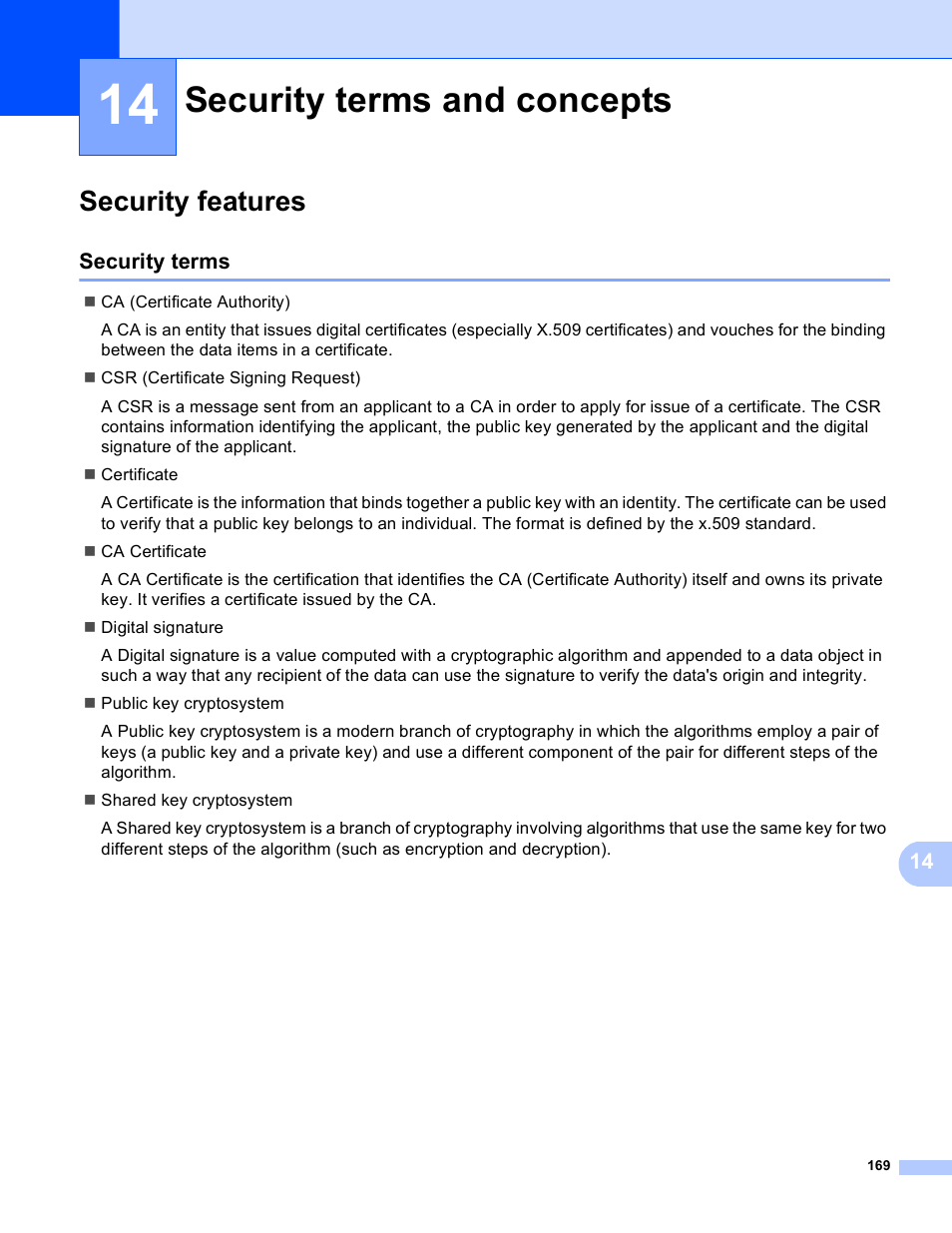 14 security terms and concepts, Security features, Security terms | Security terms and concepts | Brother MFC-8950DWT User Manual | Page 176 / 187