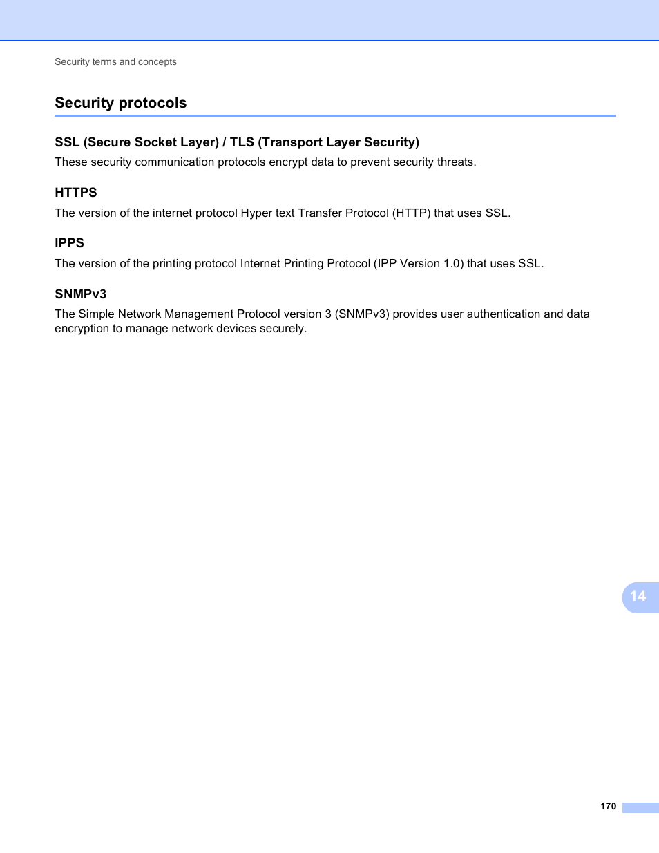 Security protocols, Https, Ipps | Snmpv3, 14 security protocols | Brother MFC-8950DWT User Manual | Page 177 / 187