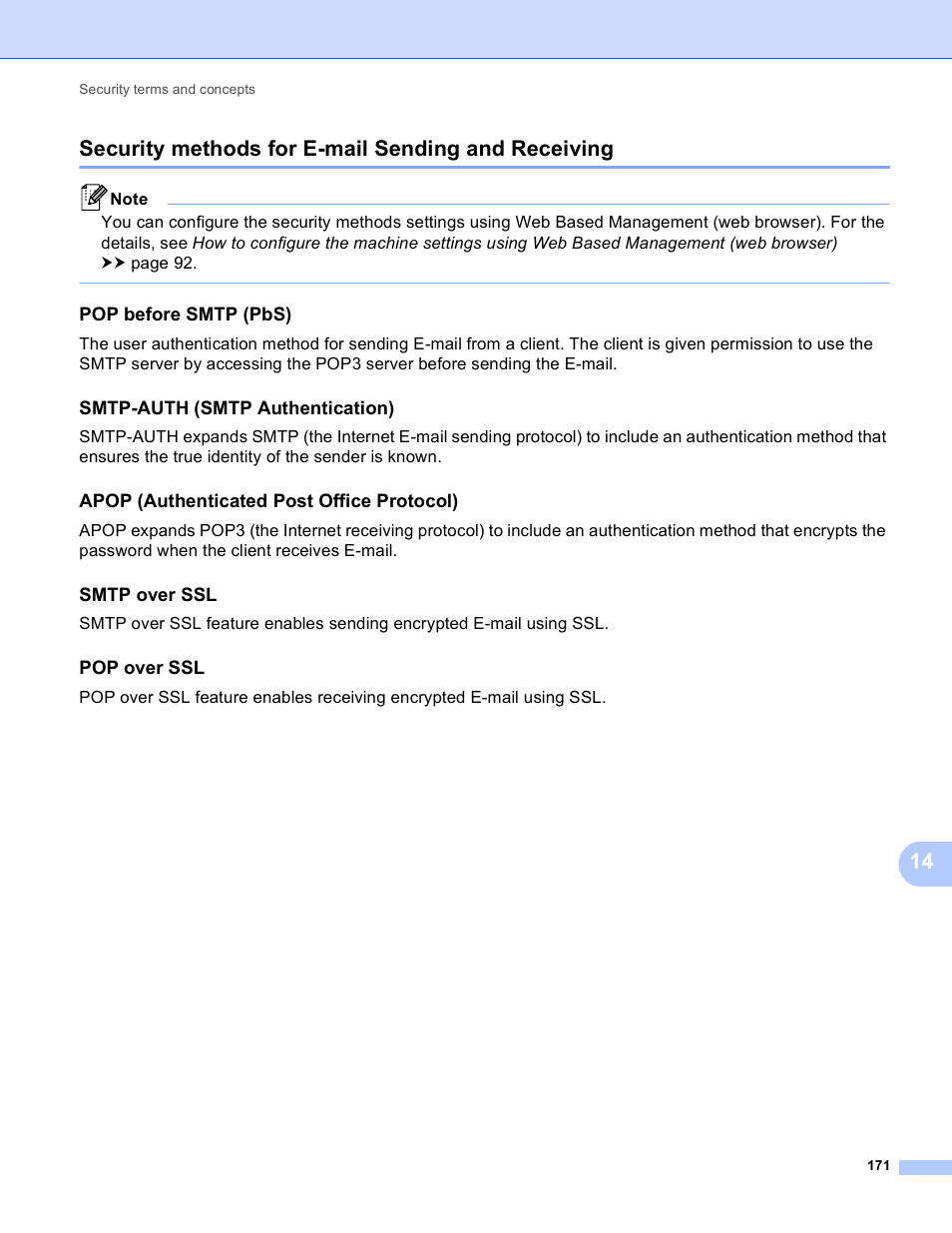 Security methods for e-mail sending and receiving, Pop before smtp (pbs), Smtp-auth (smtp authentication) | Apop (authenticated post office protocol), Smtp over ssl, Pop over ssl | Brother MFC-8950DWT User Manual | Page 178 / 187