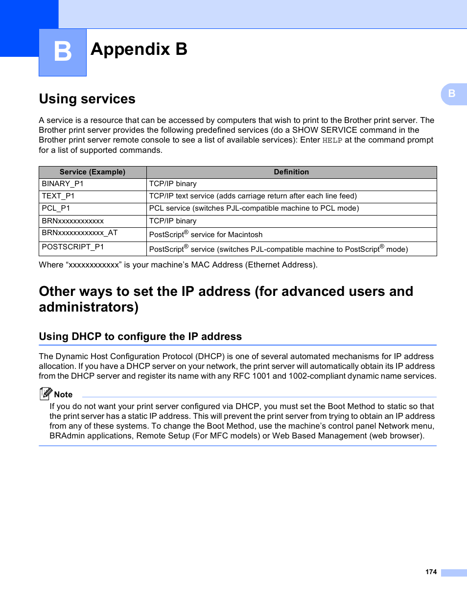 B appendix b, Using services, Using dhcp to configure the ip address | Appendix b | Brother MFC-8950DWT User Manual | Page 181 / 187