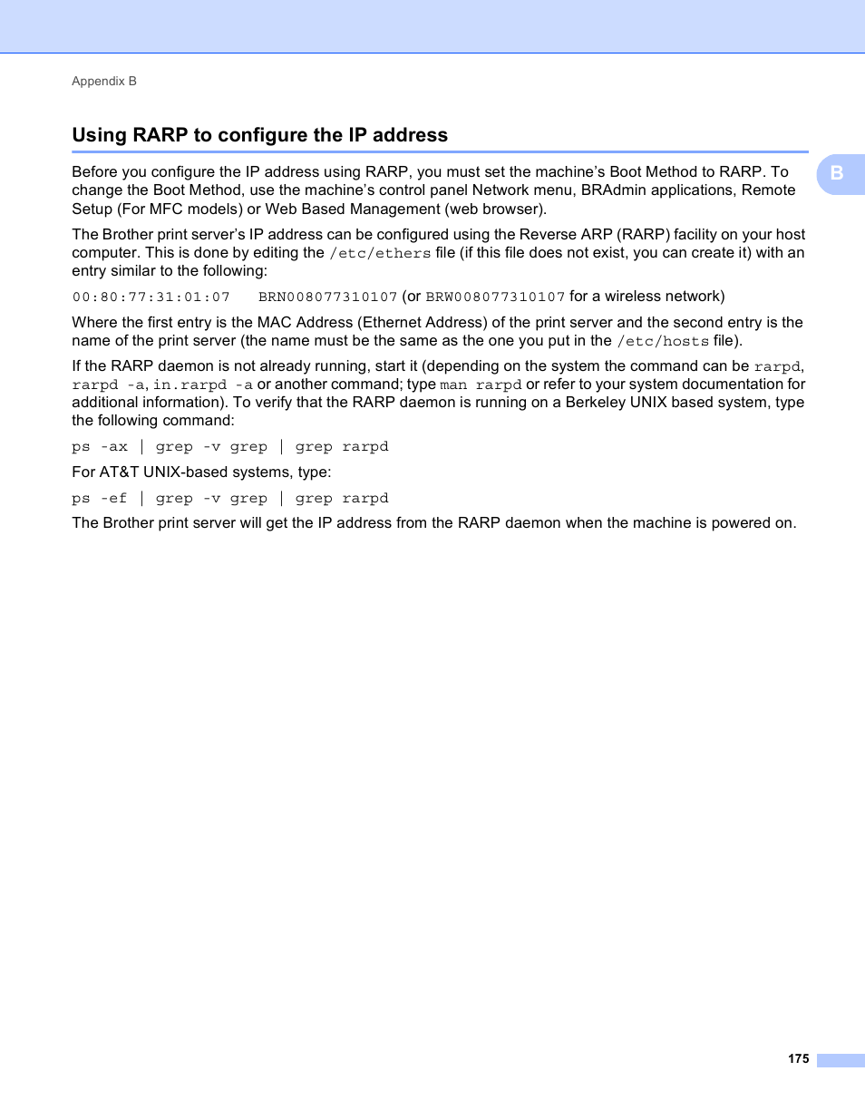 Using rarp to configure the ip address, Busing rarp to configure the ip address | Brother MFC-8950DWT User Manual | Page 182 / 187