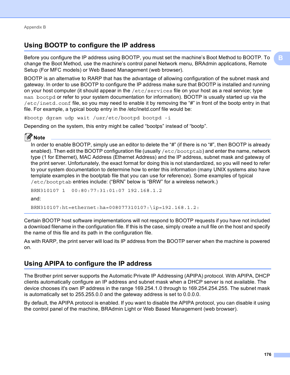 Using bootp to configure the ip address, Using apipa to configure the ip address, Busing bootp to configure the ip address | Brother MFC-8950DWT User Manual | Page 183 / 187