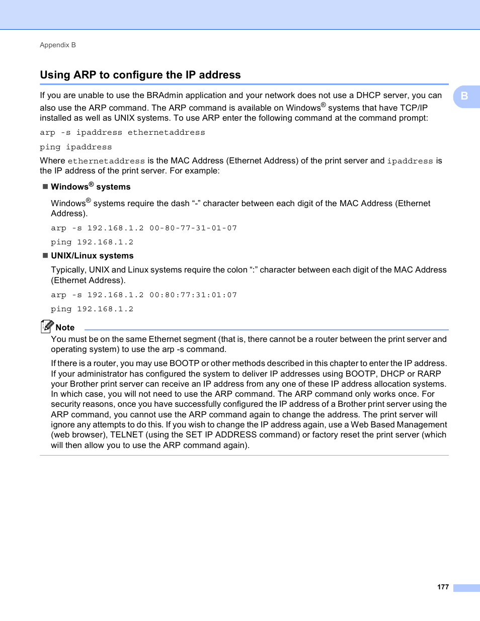 Using arp to configure the ip address, Busing arp to configure the ip address | Brother MFC-8950DWT User Manual | Page 184 / 187