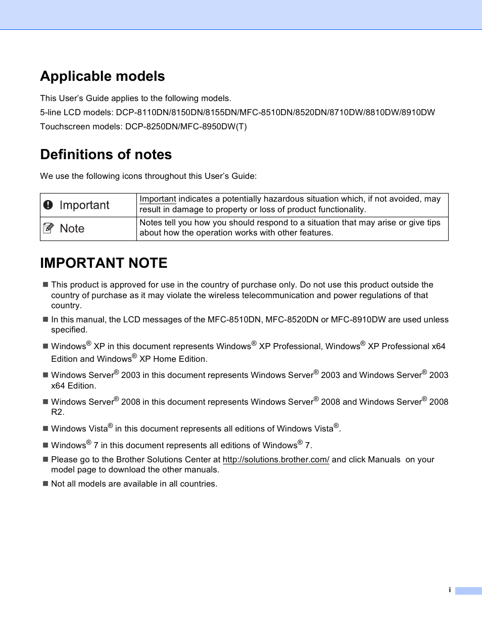 Applicable models, Definitions of notes, Important note | Brother MFC-8950DWT User Manual | Page 2 / 187