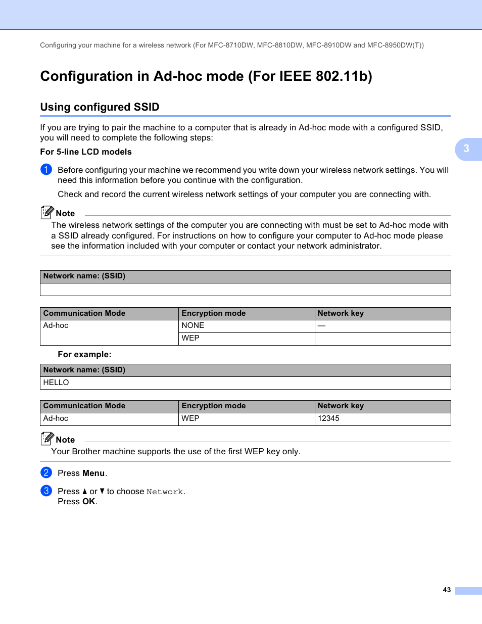 Configuration in ad-hoc mode (for ieee 802.11b), Using configured ssid, Configuration in ad-hoc mode (for ieee | Brother MFC-8950DWT User Manual | Page 50 / 187