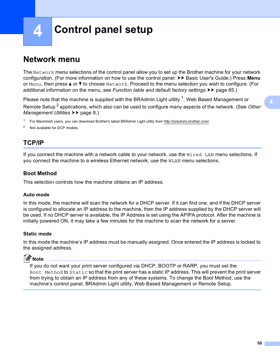 4 control panel setup, Network menu, Tcp/ip | Boot method, Control panel setup | Brother MFC-8950DWT User Manual | Page 57 / 187