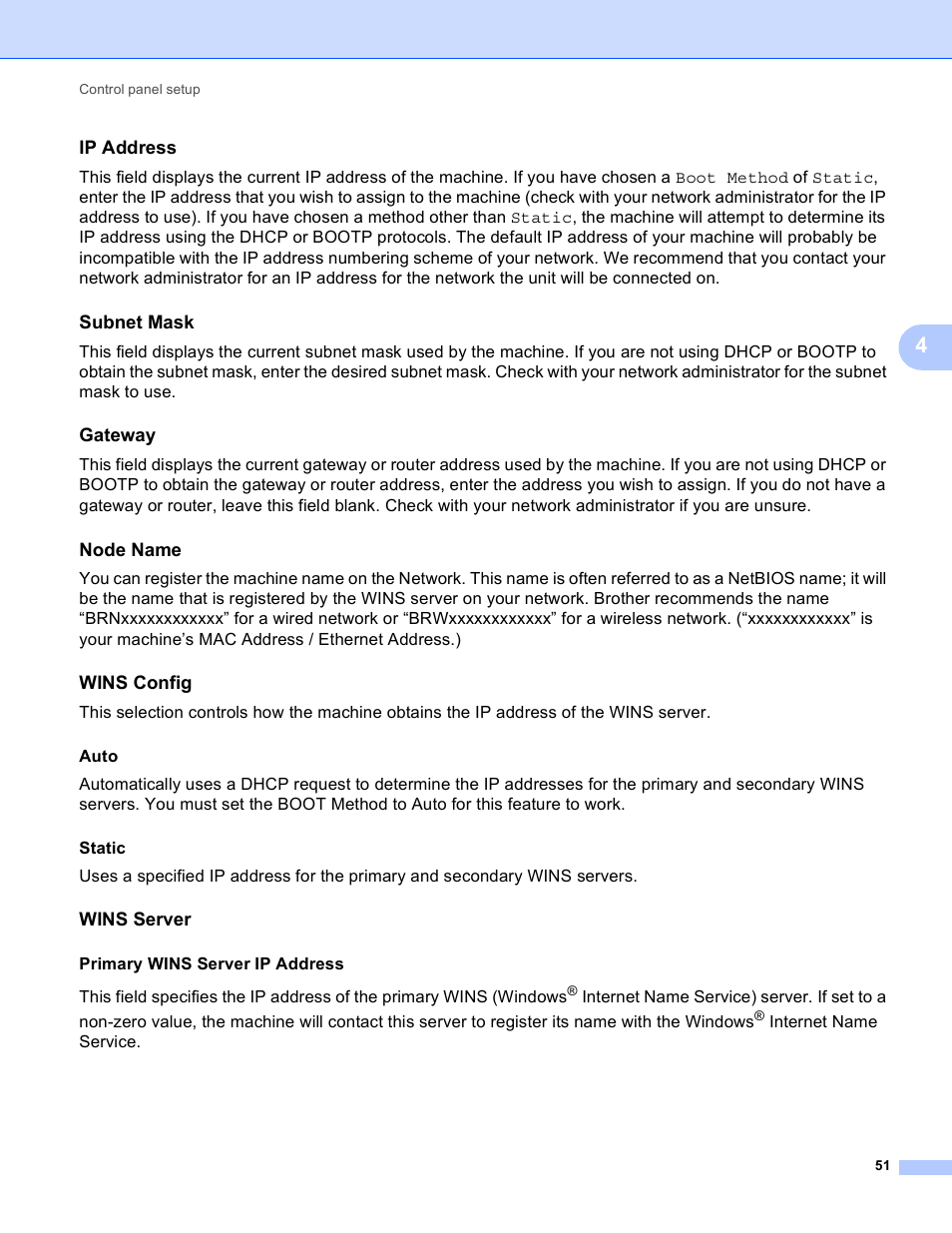 Ip address, Subnet mask, Gateway | Node name, Wins config, Wins server, Primary wins server ip address, Internet name service | Brother MFC-8950DWT User Manual | Page 58 / 187