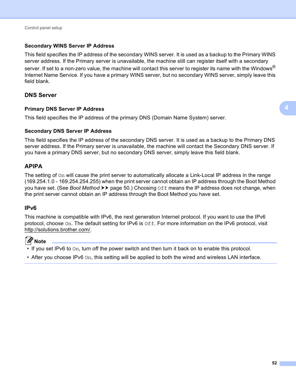 Dns server, Apipa, Ipv6 | Secondary wins server ip address, Primary dns server ip address | Brother MFC-8950DWT User Manual | Page 59 / 187