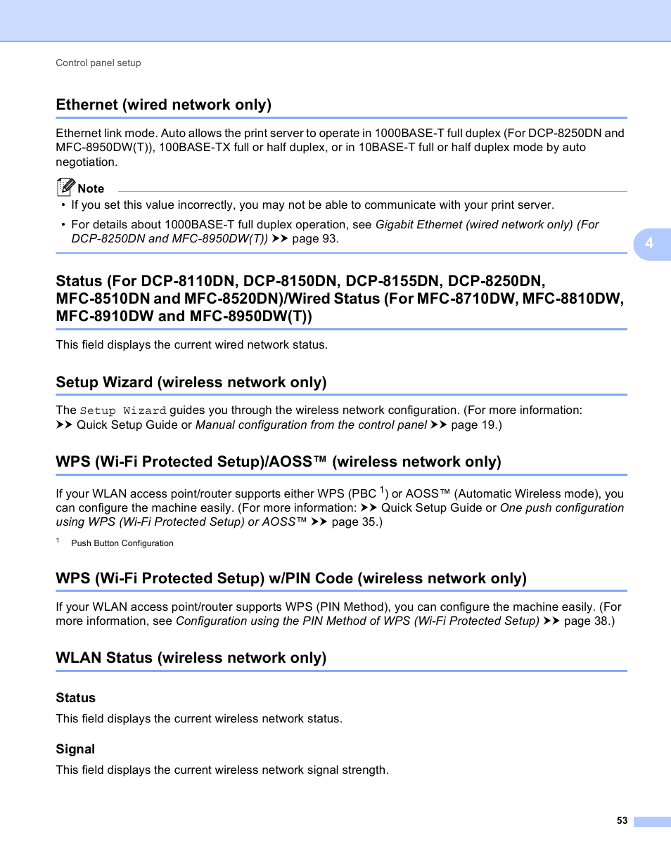 Ethernet (wired network only), Setup wizard (wireless network only), Wlan status (wireless network only) | Status, Signal, 4ethernet (wired network only) | Brother MFC-8950DWT User Manual | Page 60 / 187