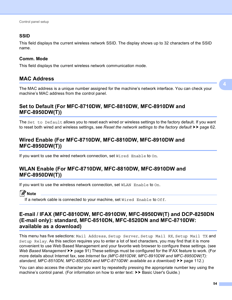 Ssid, Comm. mode, Mac address | Brother MFC-8950DWT User Manual | Page 61 / 187