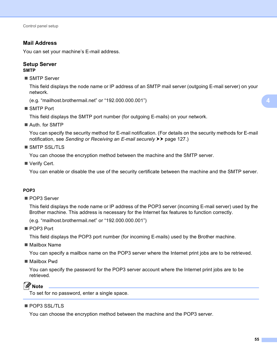 Mail address, Setup server, Smtp | Pop3 | Brother MFC-8950DWT User Manual | Page 62 / 187