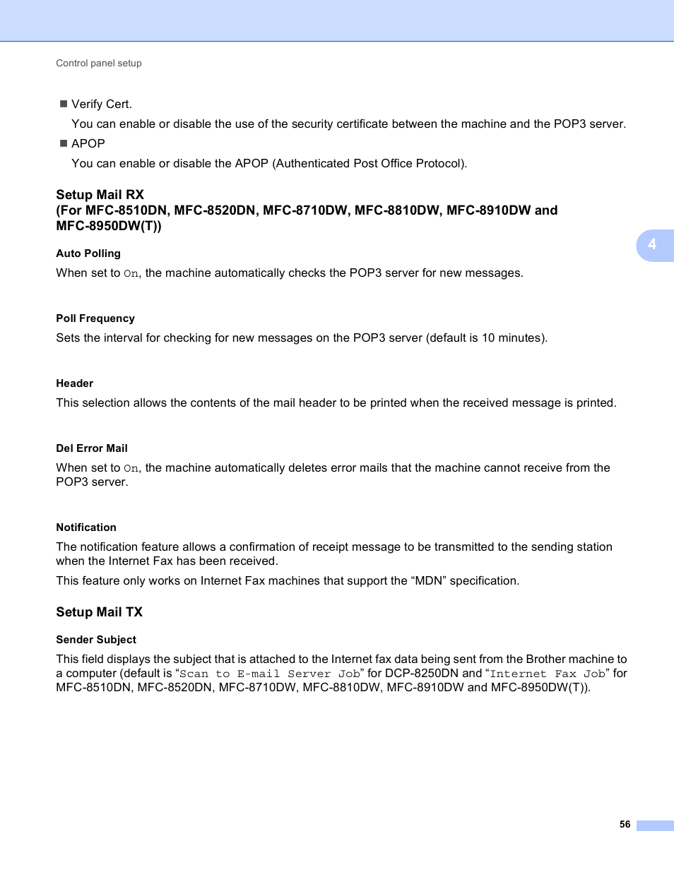 Auto polling, Poll frequency, Header | Del error mail, Notification, Setup mail tx, Sender subject | Brother MFC-8950DWT User Manual | Page 63 / 187