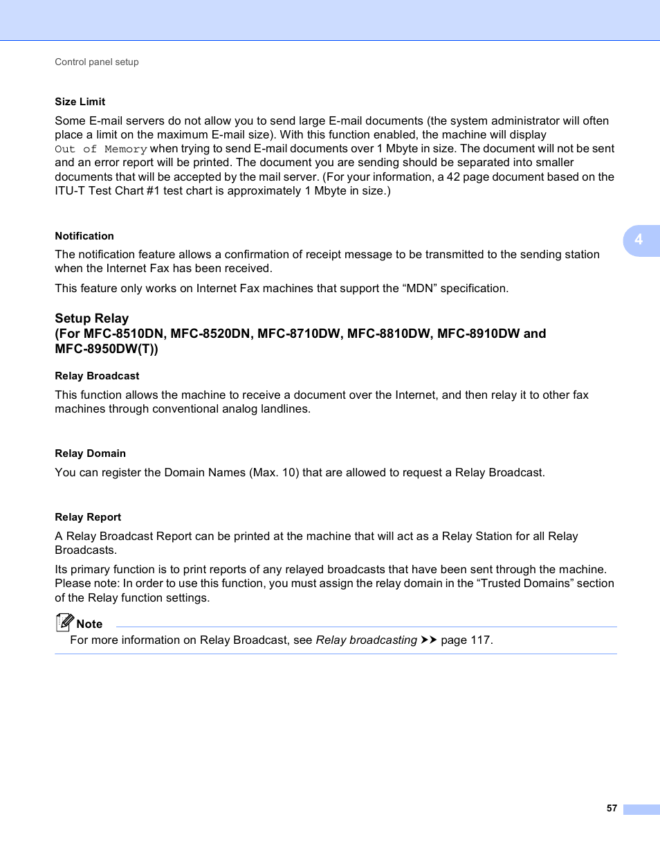 Size limit, Notification, Relay broadcast | Relay domain, Relay report | Brother MFC-8950DWT User Manual | Page 64 / 187