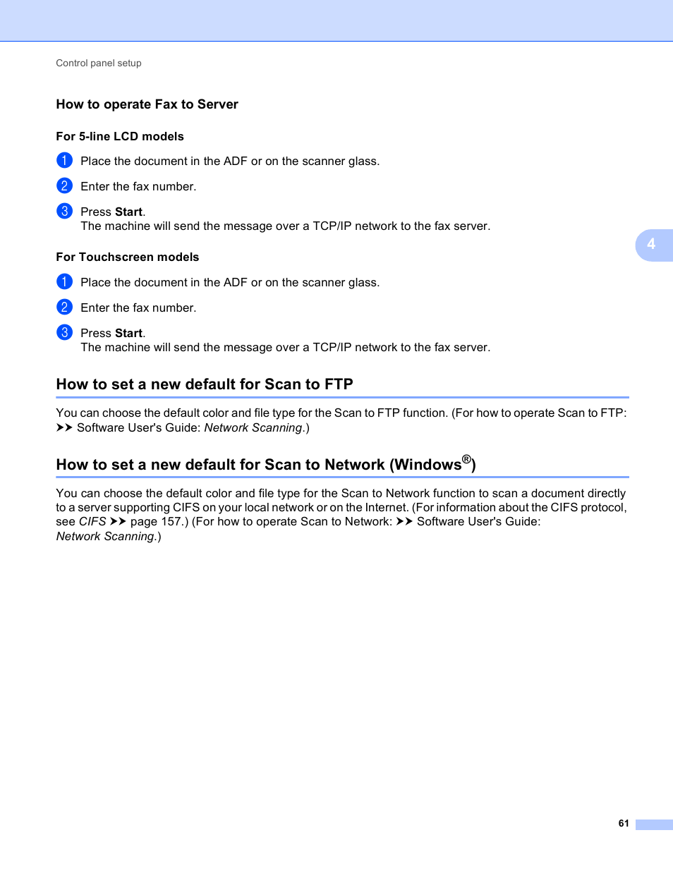 How to operate fax to server, How to set a new default for scan to ftp | Brother MFC-8950DWT User Manual | Page 68 / 187