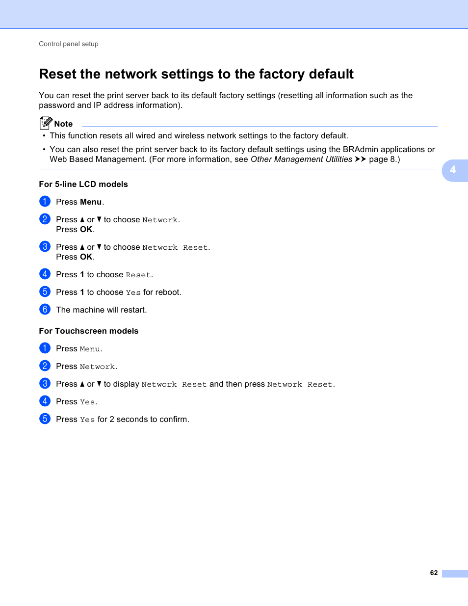 Reset the network settings to the factory default | Brother MFC-8950DWT User Manual | Page 69 / 187