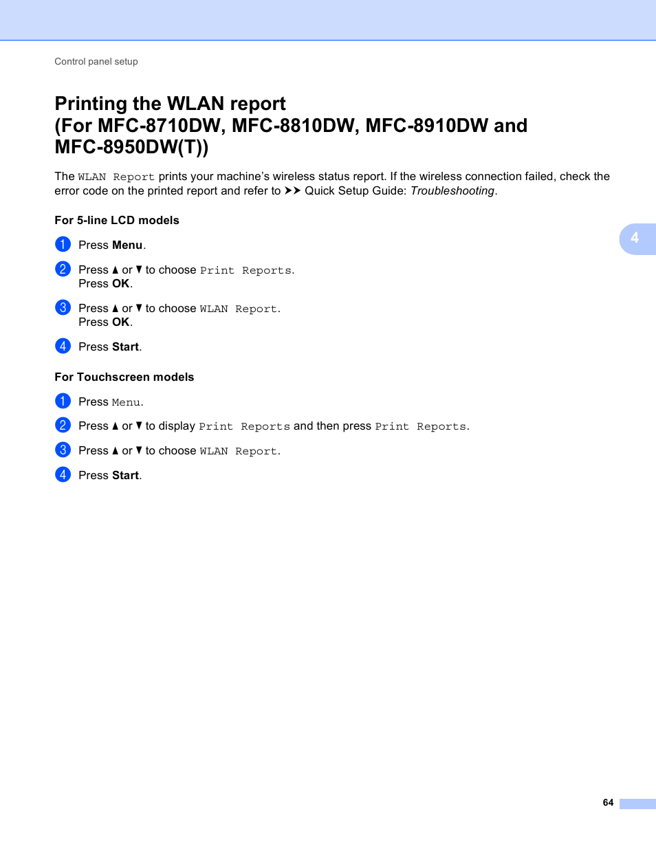 Printing the wlan report | Brother MFC-8950DWT User Manual | Page 71 / 187