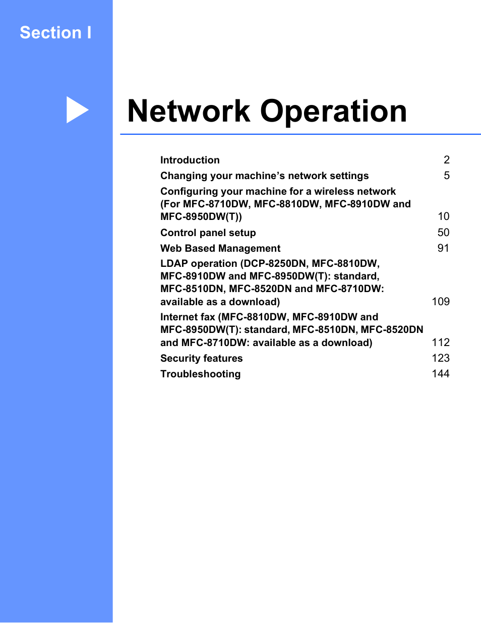 Section i: network operation, Section i network operation, Network operation | Brother MFC-8950DWT User Manual | Page 8 / 187