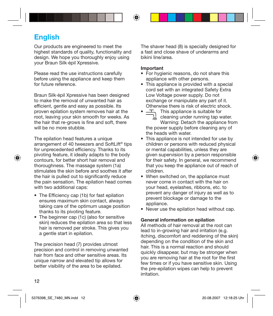 English | Braun 7480 Silk-épil Xpressive User Manual | Page 12 / 102