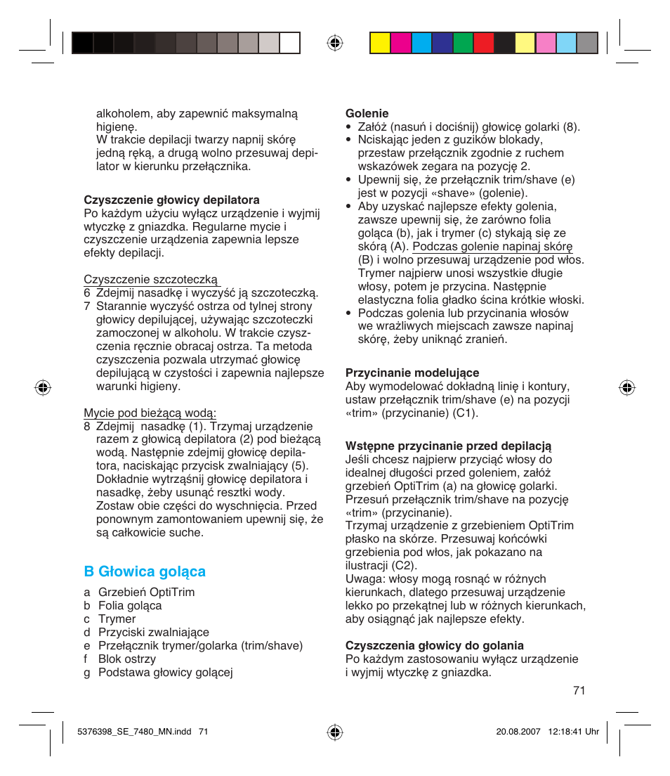 B głowica goląca | Braun 7480 Silk-épil Xpressive User Manual | Page 71 / 102