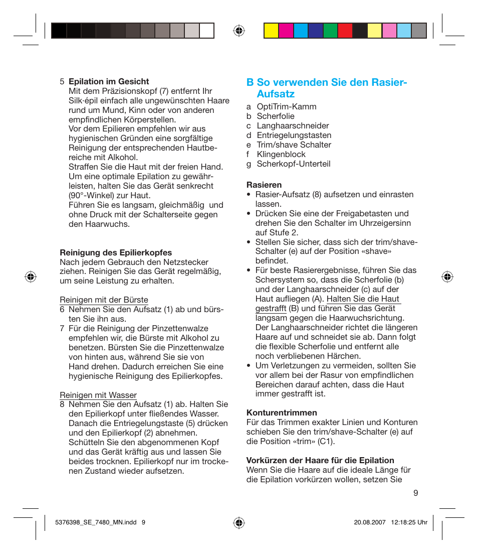 B so verwenden sie den rasier- aufsatz | Braun 7480 Silk-épil Xpressive User Manual | Page 9 / 102