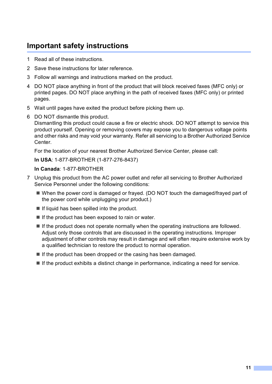 Important safety instructions | Brother MFC-9130CW User Manual | Page 11 / 21