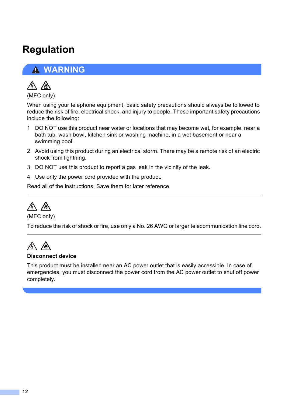 Regulation, Warning | Brother MFC-9130CW User Manual | Page 12 / 21