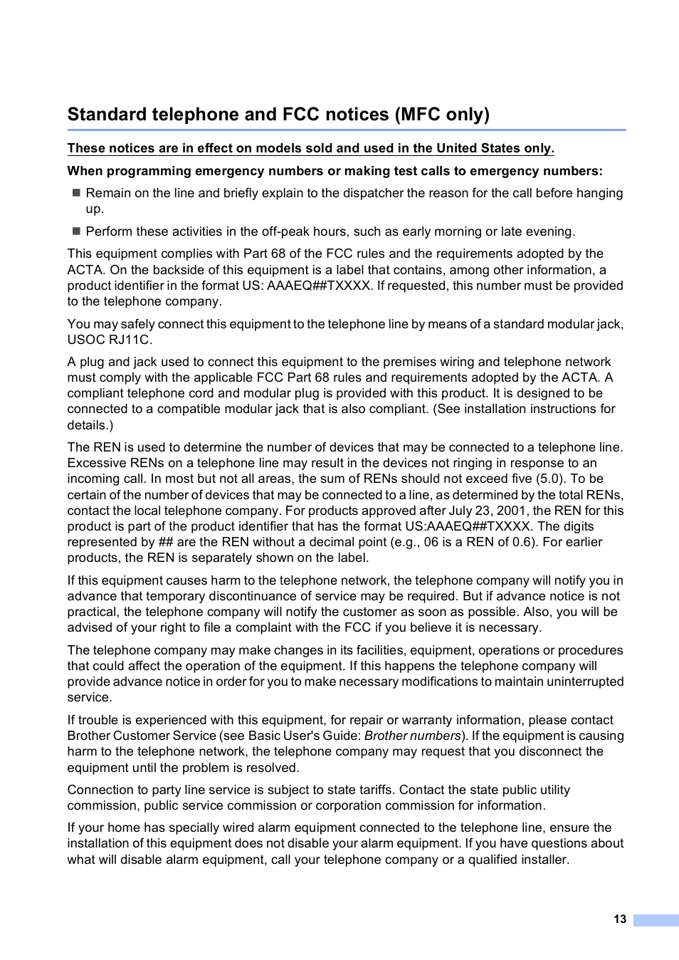 Standard telephone and fcc notices (mfc only) | Brother MFC-9130CW User Manual | Page 13 / 21
