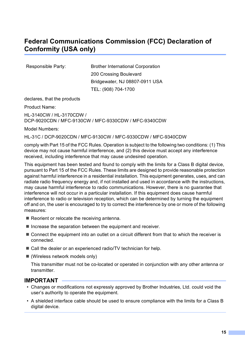 Important | Brother MFC-9130CW User Manual | Page 15 / 21