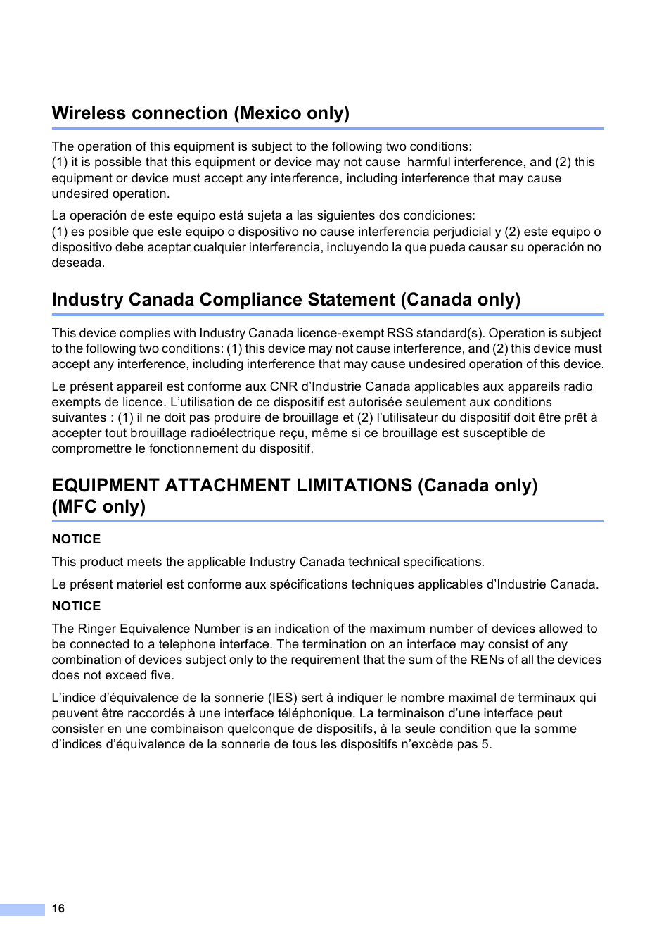 Wireless connection (mexico only), Industry canada compliance statement (canada only) | Brother MFC-9130CW User Manual | Page 16 / 21