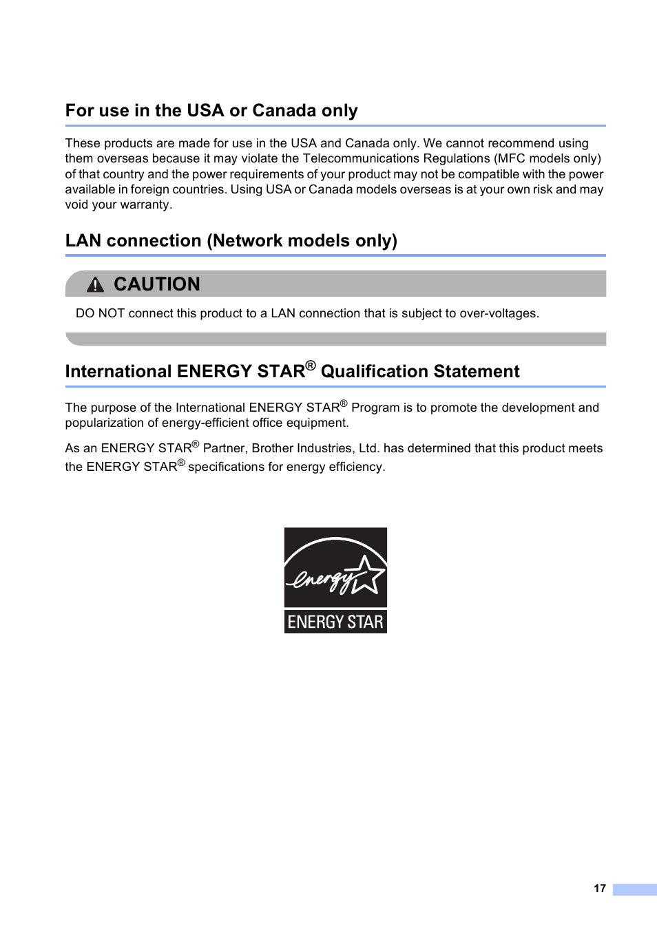 For use in the usa or canada only, Lan connection (network models only), International energy star® qualification statement | Caution, International energy star, Qualification statement | Brother MFC-9130CW User Manual | Page 17 / 21