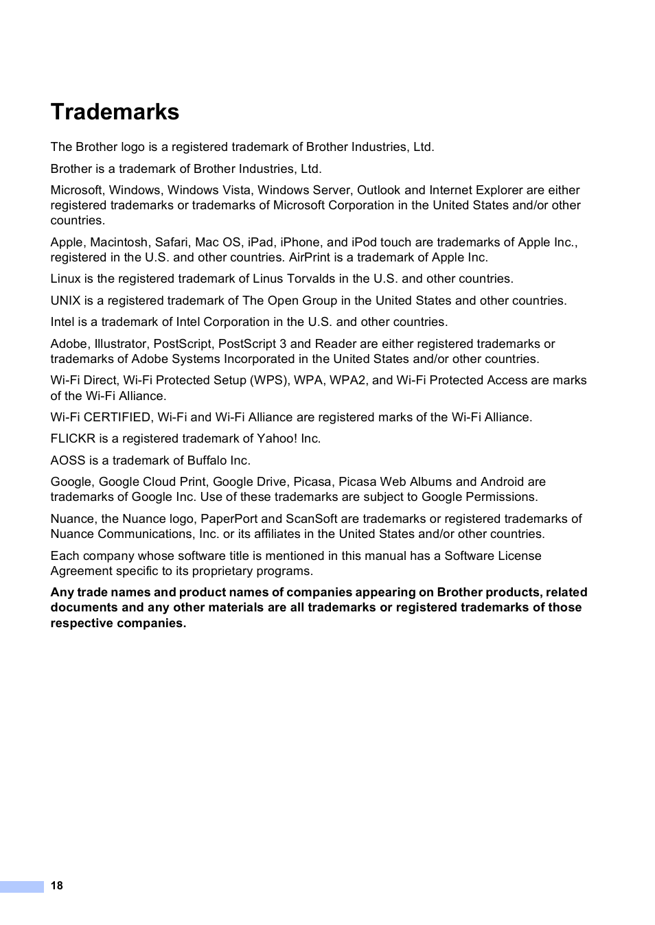 Trademarks | Brother MFC-9130CW User Manual | Page 18 / 21