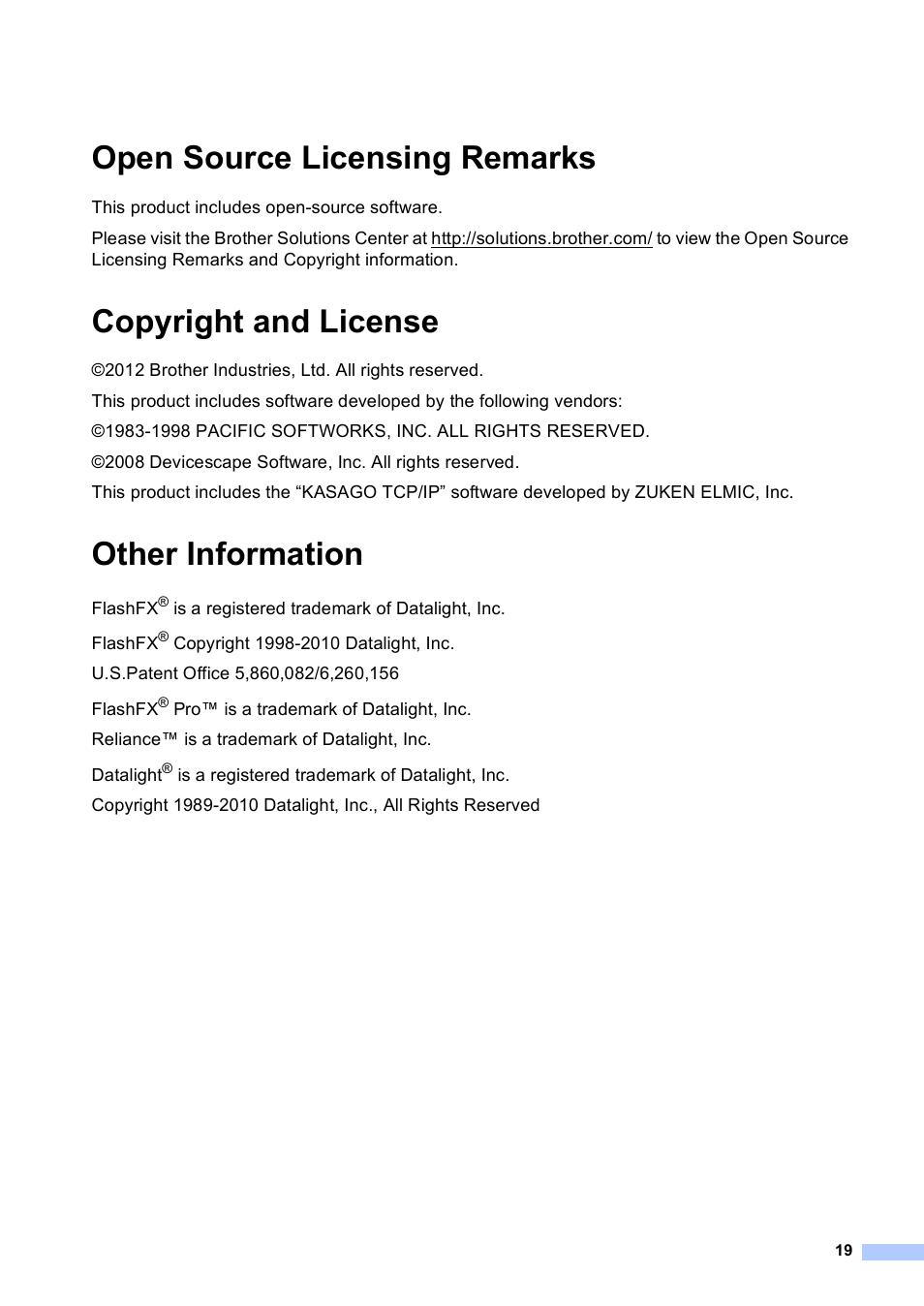 Open source licensing remarks, Copyright and license, Other information | Brother MFC-9130CW User Manual | Page 19 / 21